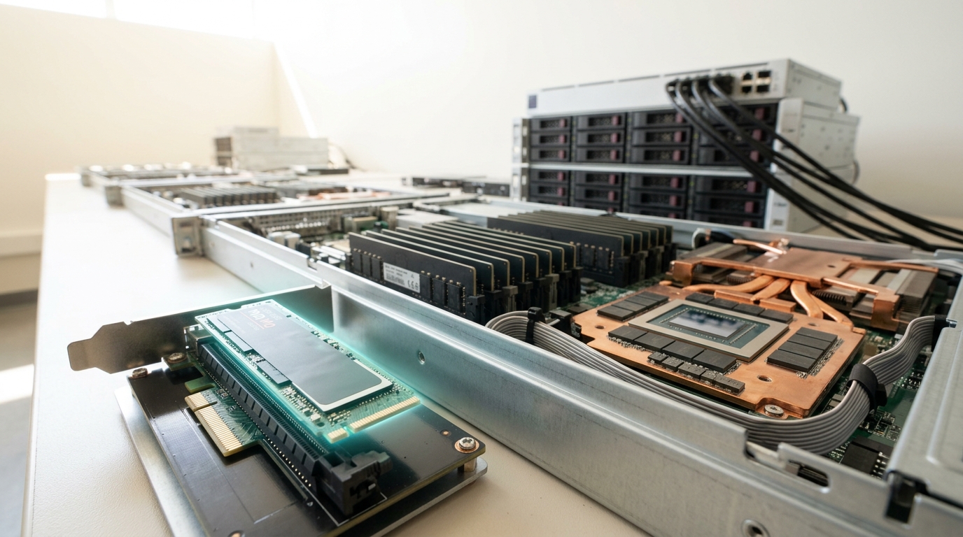 A low view along a lab bench with an NVMe drive caught part-way into a PCIe riser in the foreground, the DIMM bank of an open node behind it, and a JBOF shelf and top-of-rack switch far down the room