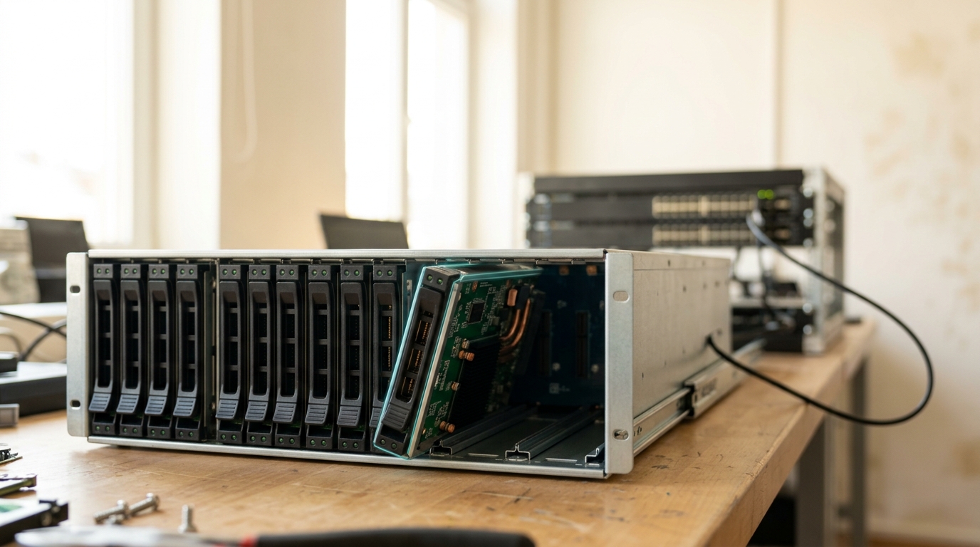 A JBOF storage shelf with every bay filled, one more drive caught stopped part-way at the last bay mouth on rails that will not engage, while a single thin DAC cable runs away from the shelf entirely unobstructed