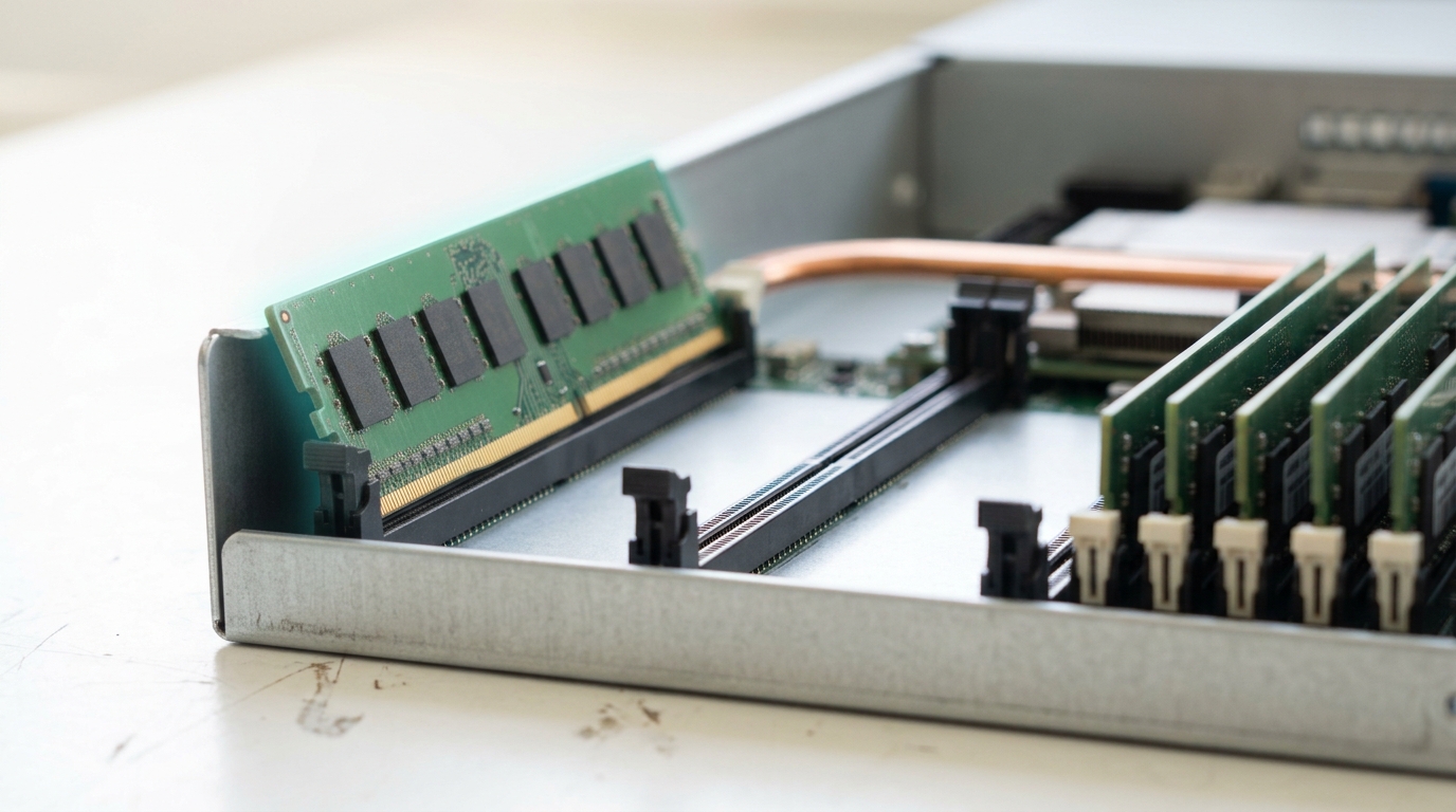 A memory module caught tilted part-way out of its slot on a lab bench, its whole rank of DRAM packages standing along the green board, with one vacant slot open in the bank alongside
