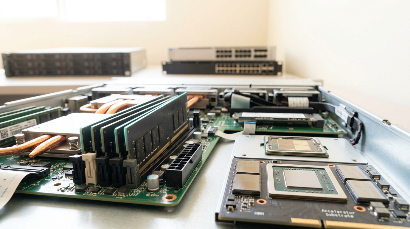 A lid-off server node on a bright lab bench with a delidded processor package and HBM stacks near the camera, one DIMM caught half-seated in its slot, an NVMe riser further along and a JBOF shelf and top-of-rack switch receding across the room