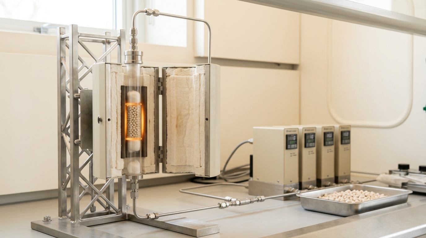 A packed bed of pale catalyst pellets inside a vertical quartz reactor tube, with the clamshell furnace swung only part-way closed around it and the stainless feed line already made up to the reactor head