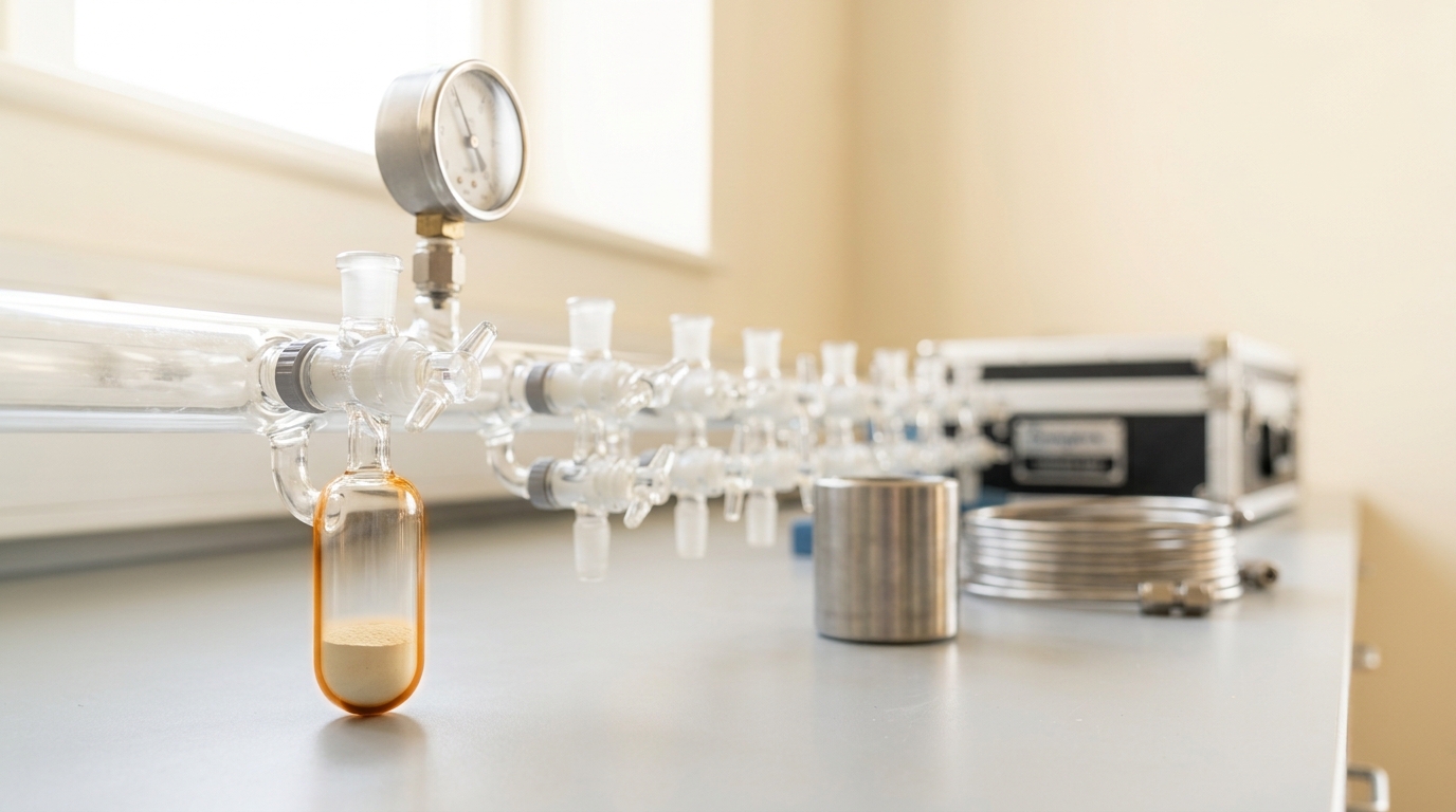 A quartz U-tube chemisorption cell of pale supported metal catalyst hung on a Schlenk line, its greased glass tap turned only part-way open and the dial gauge needle still falling as the probe gas dose is taken up