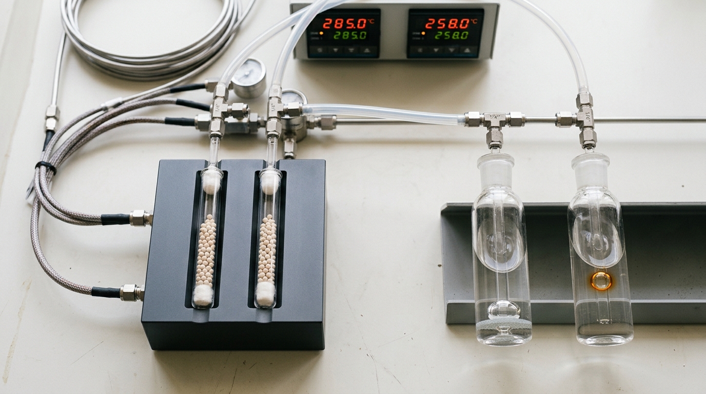 Two identical quartz microreactor tubes side by side in a twin-zone heating block, the near outlet bubbler releasing a bubble that is still rising while the far bubbler's bubble is still swelling on the frit