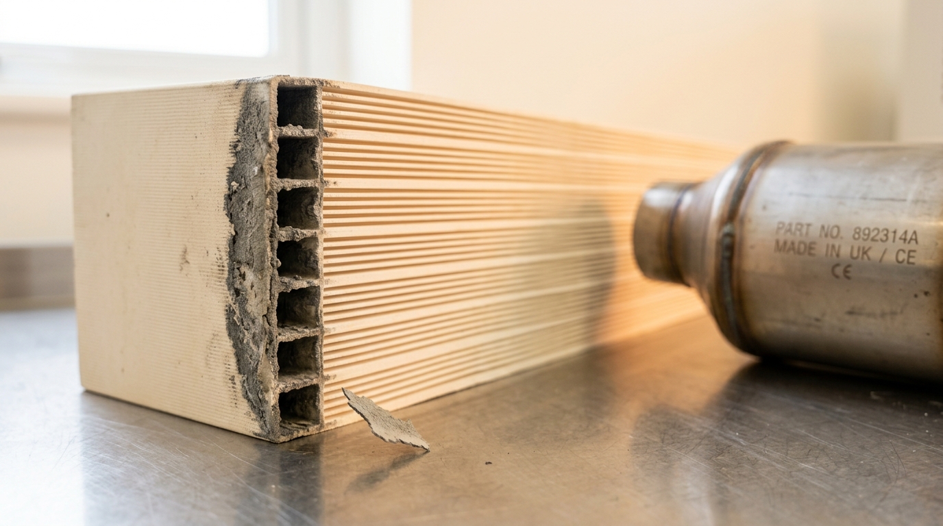 A cut ceramic honeycomb monolith on a stainless bench, its pale washcoat clean through most of its depth but crusted grey across the first few millimetres at the inlet face, with one grey flake still falling from the cut edge
