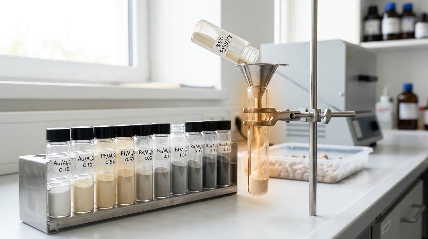 A rack of identical glass vials of supported catalyst graded from almost white to dark grey across the row, with a thin stream of powder still falling from the tipped middle vial into a funnel above a quartz reactor tube