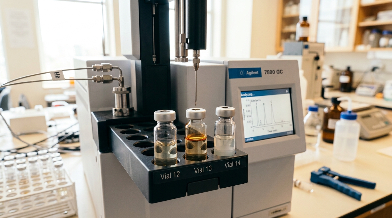 Three crimp-capped sample vials in a gas chromatograph autosampler tray, two of them nearly indistinguishable in tint and the third plainly paler, with the injector arm descending toward the middle vial and not yet through the septum