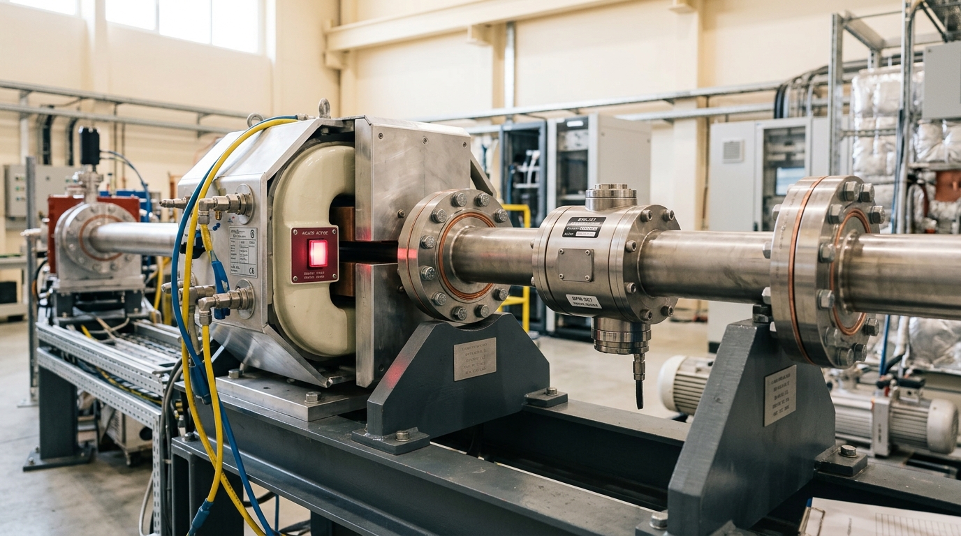 Two vacuum interferometer towers of different height linked by an optical fiber, one tower's shutter still closing