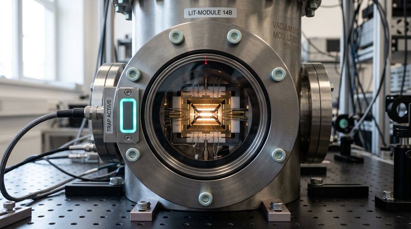 A bright vacuum interferometer with two wavepacket paths about to recombine at a beamsplitter cube, one arm's readout lamp already lit