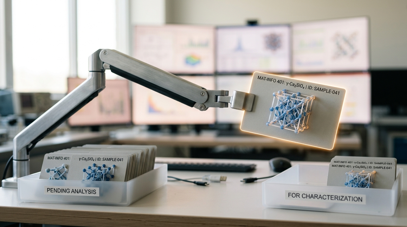 A materials-informatics workstation mid-scroll through a queue of candidate crystal structures awaiting synthesis review
