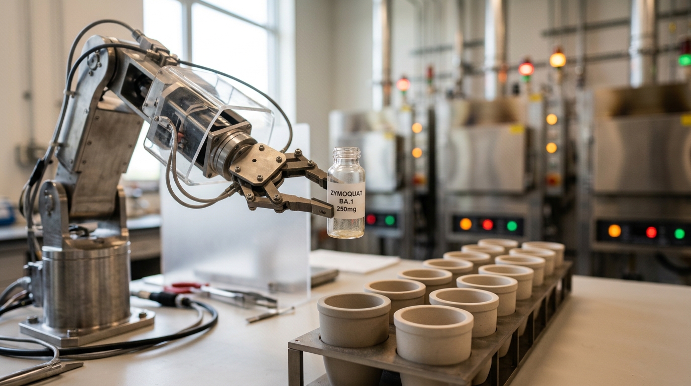 A robotic synthesis arm mid-motion lowering a precursor vial toward a rack of crucibles in an autonomous materials lab