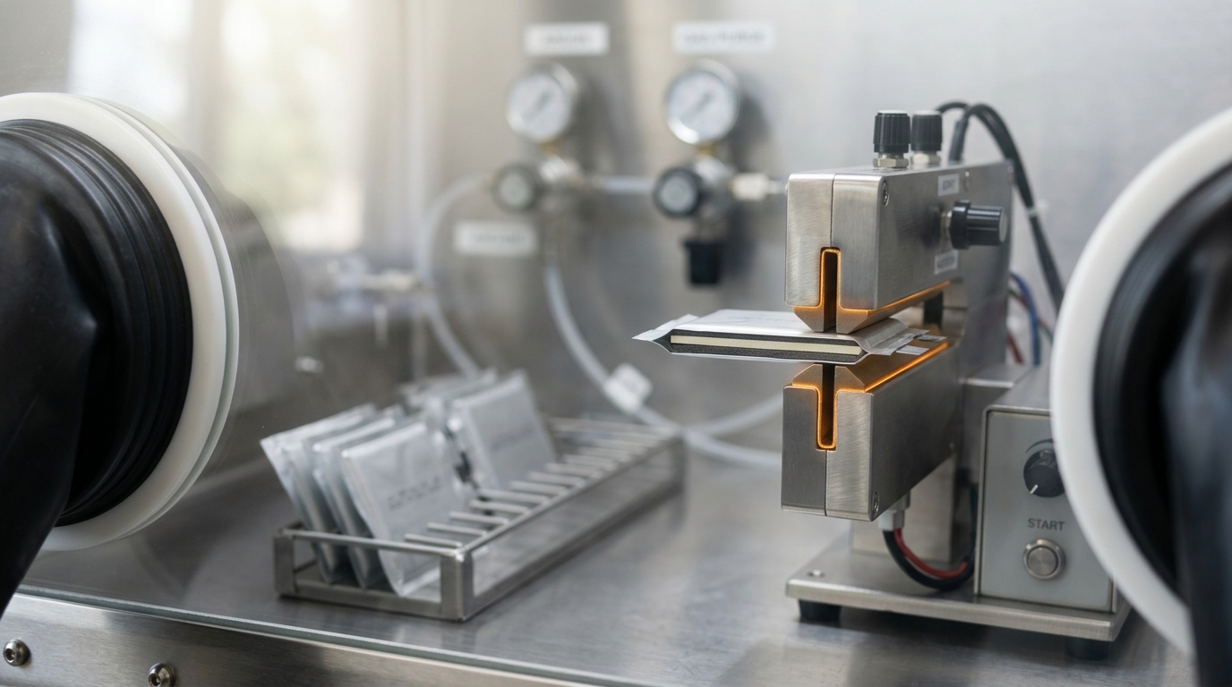 A pouch cell being sealed inside an argon glovebox as a solid-state electrolyte layer is pressed into place