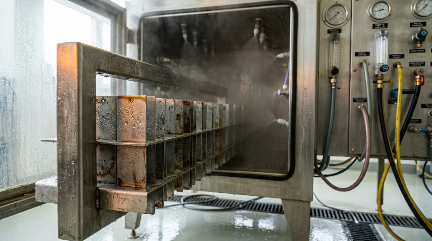 A rack of metal corrosion-test coupons emerging from a salt-fog chamber, mist still clinging to the surfaces
