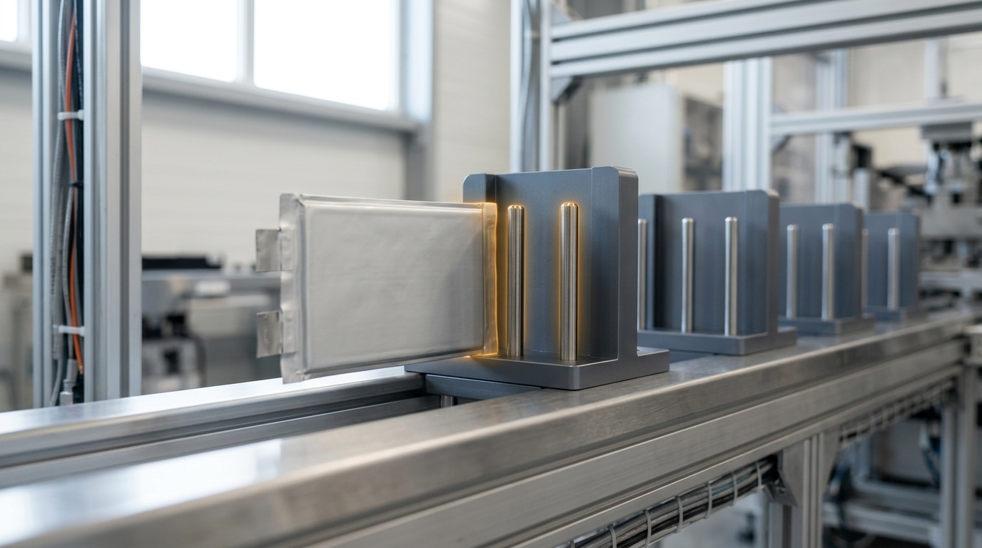 A pilot production line for solid-state cells with one cell still mid-transit on a conveyor toward the stacking station