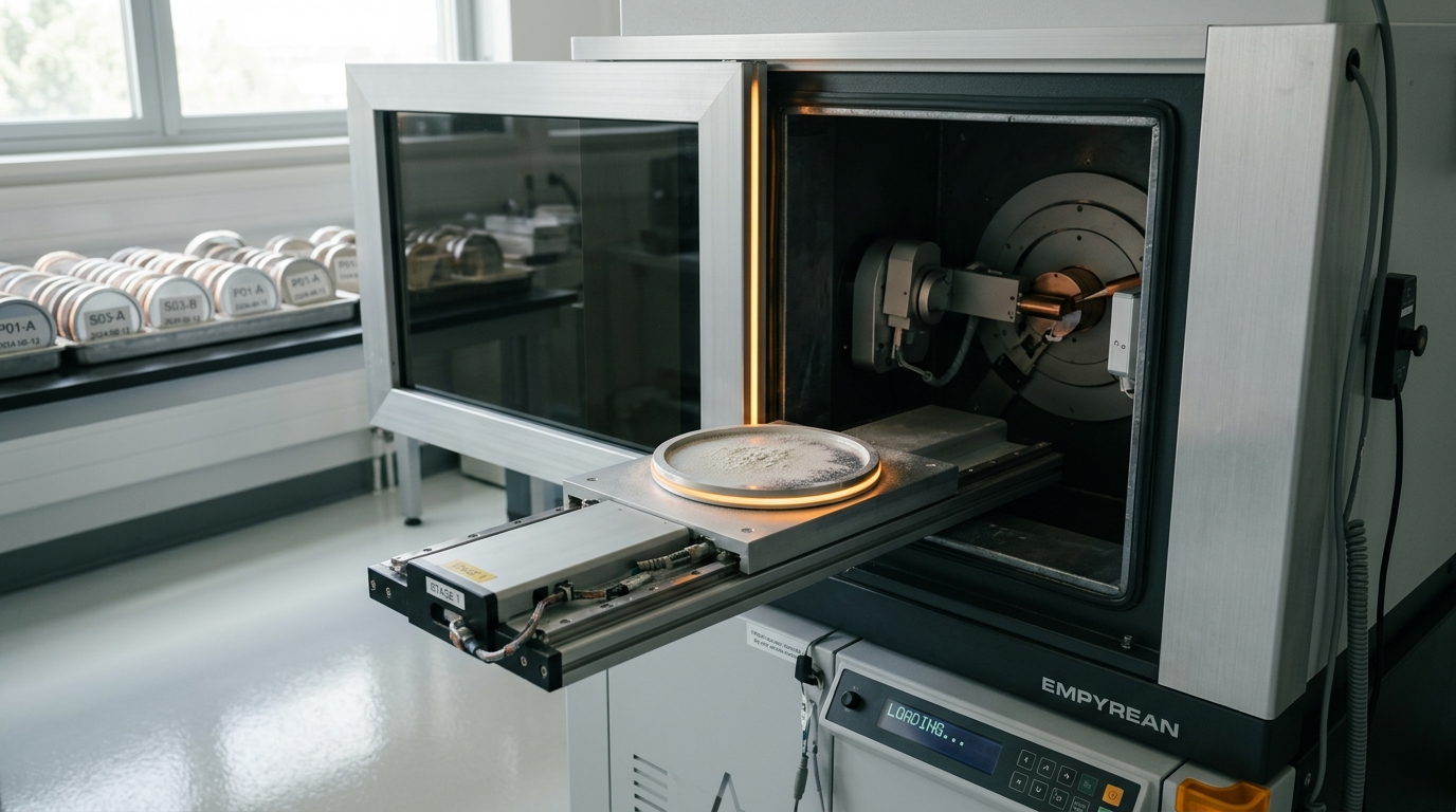 A gloved hand withdrawing from an XRD diffractometer as a powder puck sample slides into the beam path
