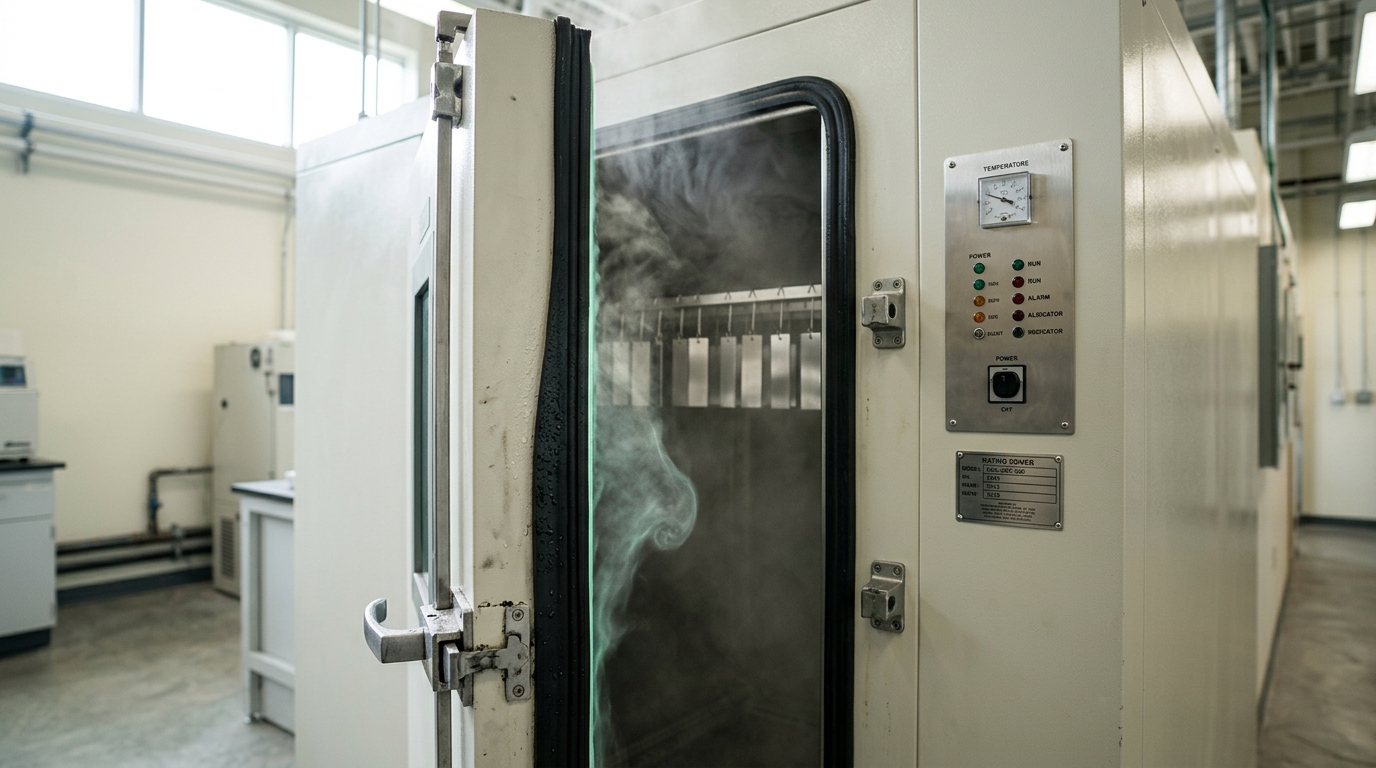 A walk-in salt-fog aging chamber with its gasketed door held a hair ajar, fog still drifting past the seal and a rack of metal coupons visible just inside