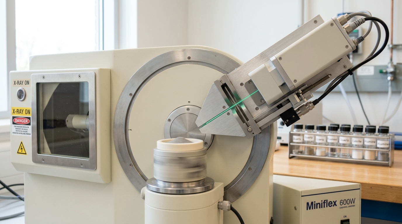 A bench-top powder X-ray diffractometer with its goniometer arm caught mid-sweep across a spinning sample stage, a thin knife-edge slit still easing into position ahead of the detector arm