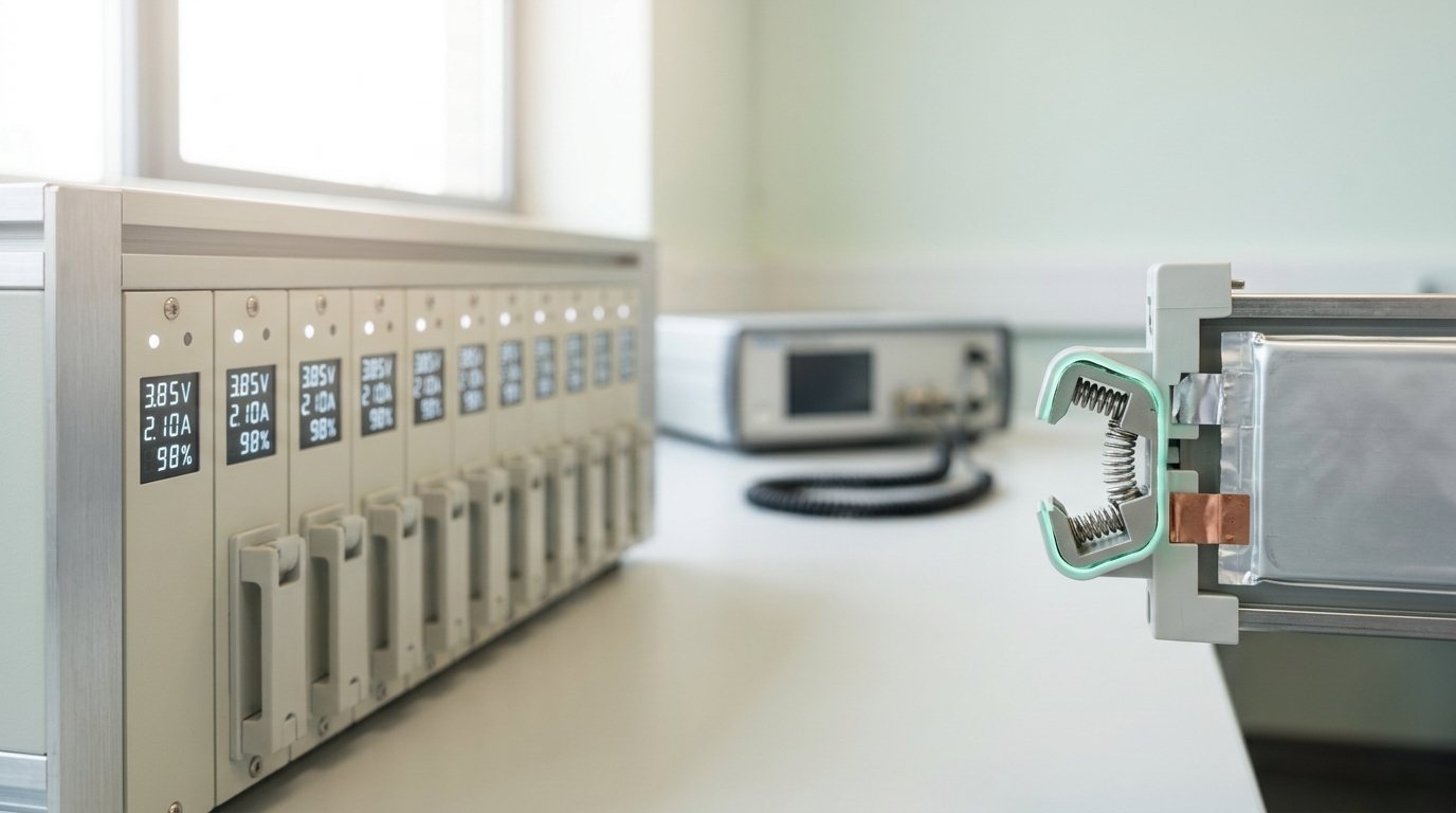 A multichannel battery cycler rack with a pouch cell's tab still settling into a channel clip, the neighboring channels already reading steady on their small displays