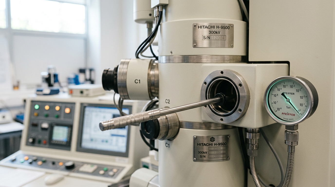 A transmission electron microscope specimen rod half-withdrawn from its airlock chamber, the vacuum gauge needle still falling toward its working value