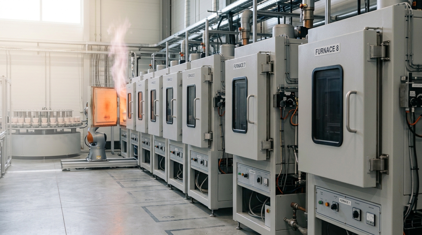 A single furnace door swinging open on one crucible inside a long bank of otherwise closed furnaces in an automated synthesis lab