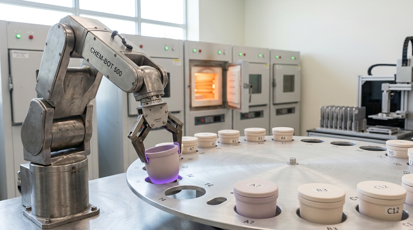 A robot arm lowering a ceramic crucible into one open slot of a still-turning crucible carousel in a bright automated materials-synthesis lab, furnace banks and an XRD queue softening in the background