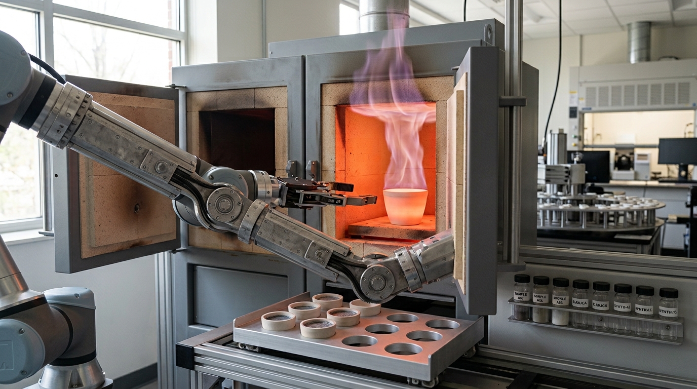 Two furnace doors just opened together on a freshly fired batch, a robot arm reaching toward the nearer crucible before the tray has fully cooled