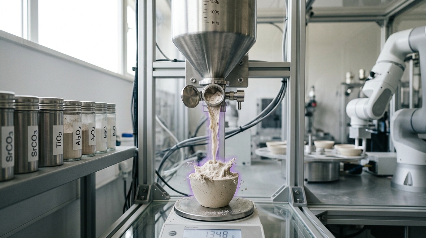 A powder-dosing station's hopper releasing a measured stream of precursor powder into an empty crucible on a scale, mid-pour