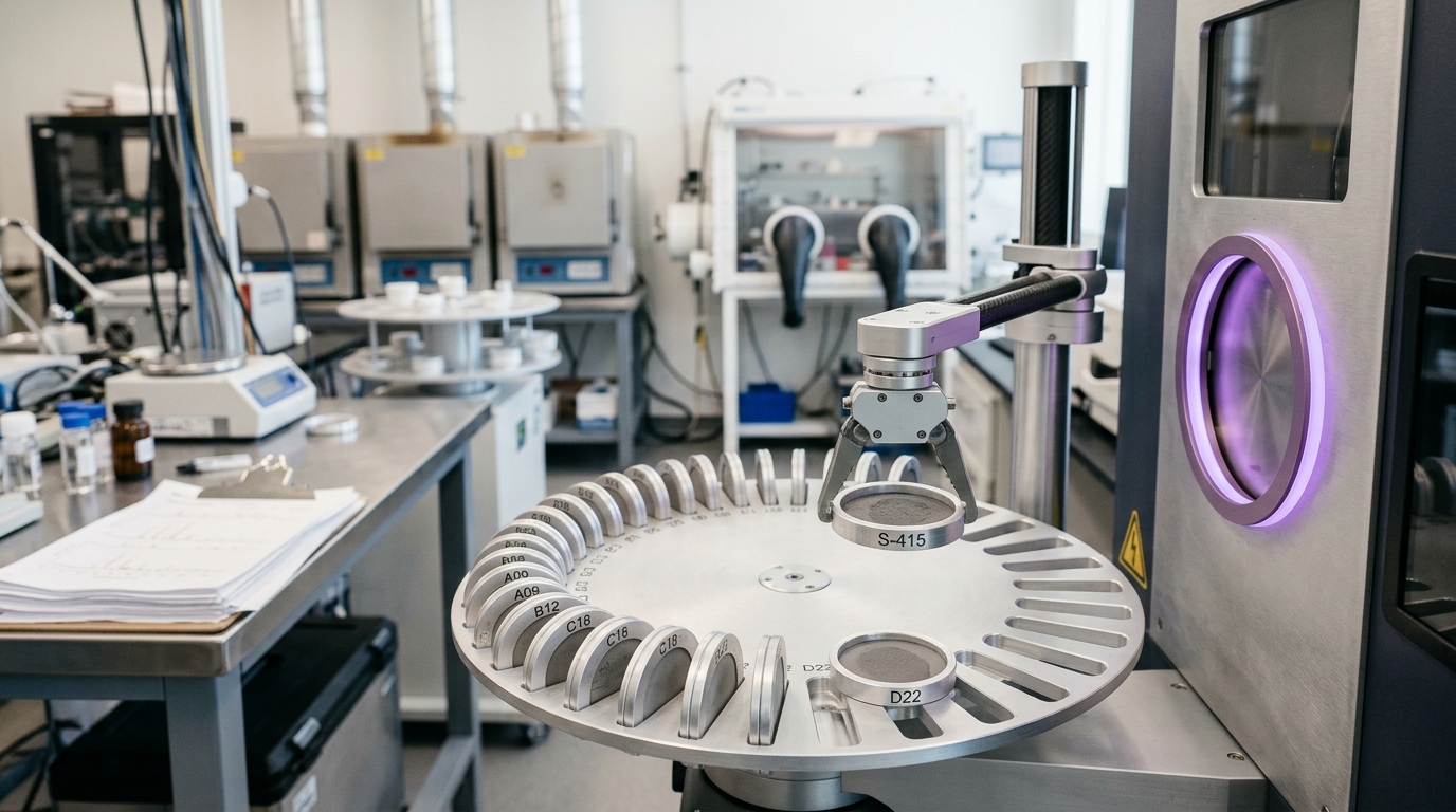 An XRD sample changer's carousel arm caught mid-swap between a just-measured specimen disc and the next queued one, the diffraction beam shutter only half-retracted