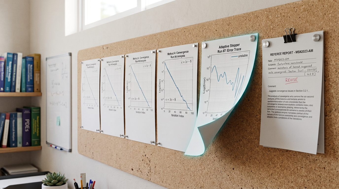 A corkboard with printed convergence plots pinned in a row, one sheet still held by a single pin and curling, a referee report clipped beside it.