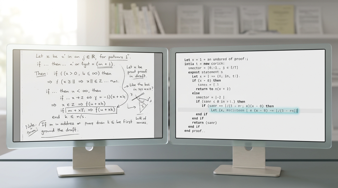Two adjacent monitors, one showing a handwritten-style informal proof draft and the other a formal proof script partway translated, a cursor still mid-line on the formal side.