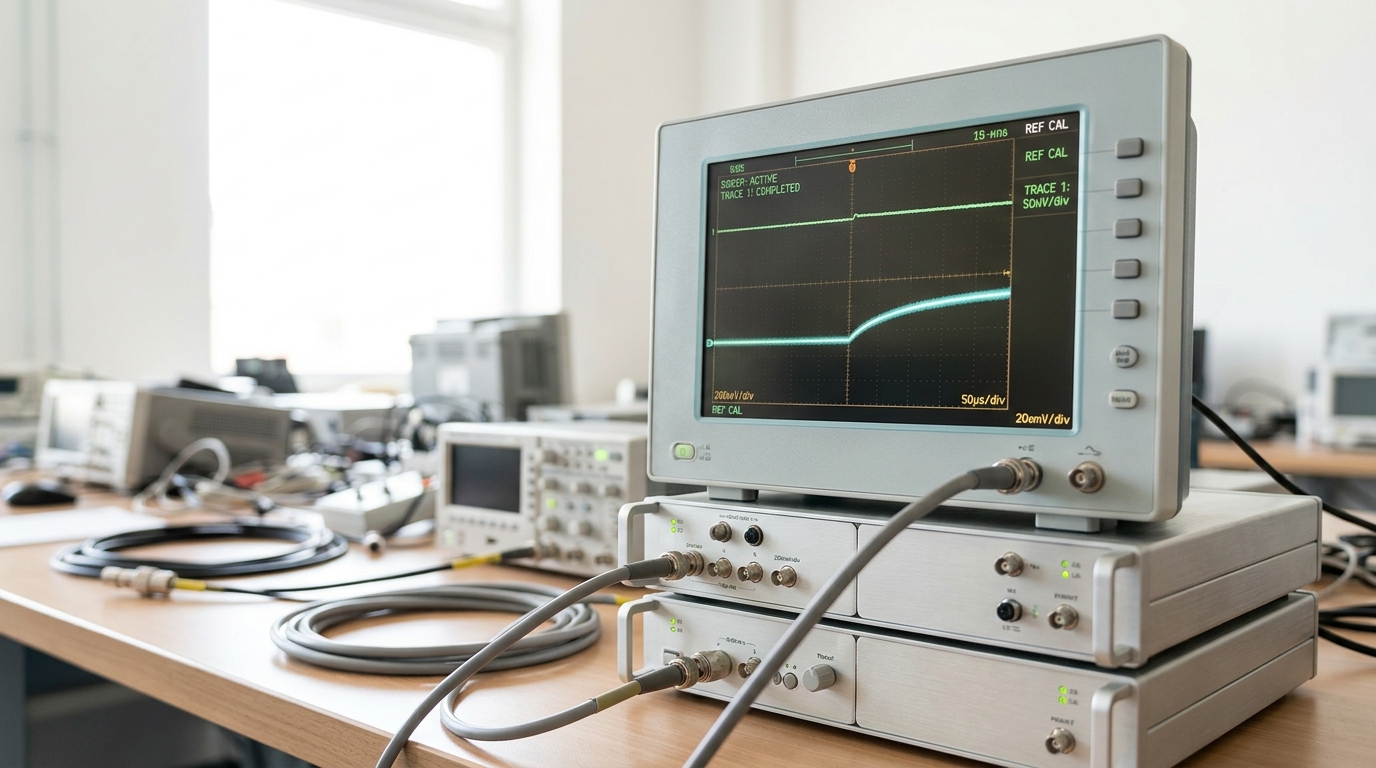 A floating-point benchmarking rig with a reference diagnostic display mid-sweep, one trace still drawing across the screen while an earlier trace sits complete beside it.