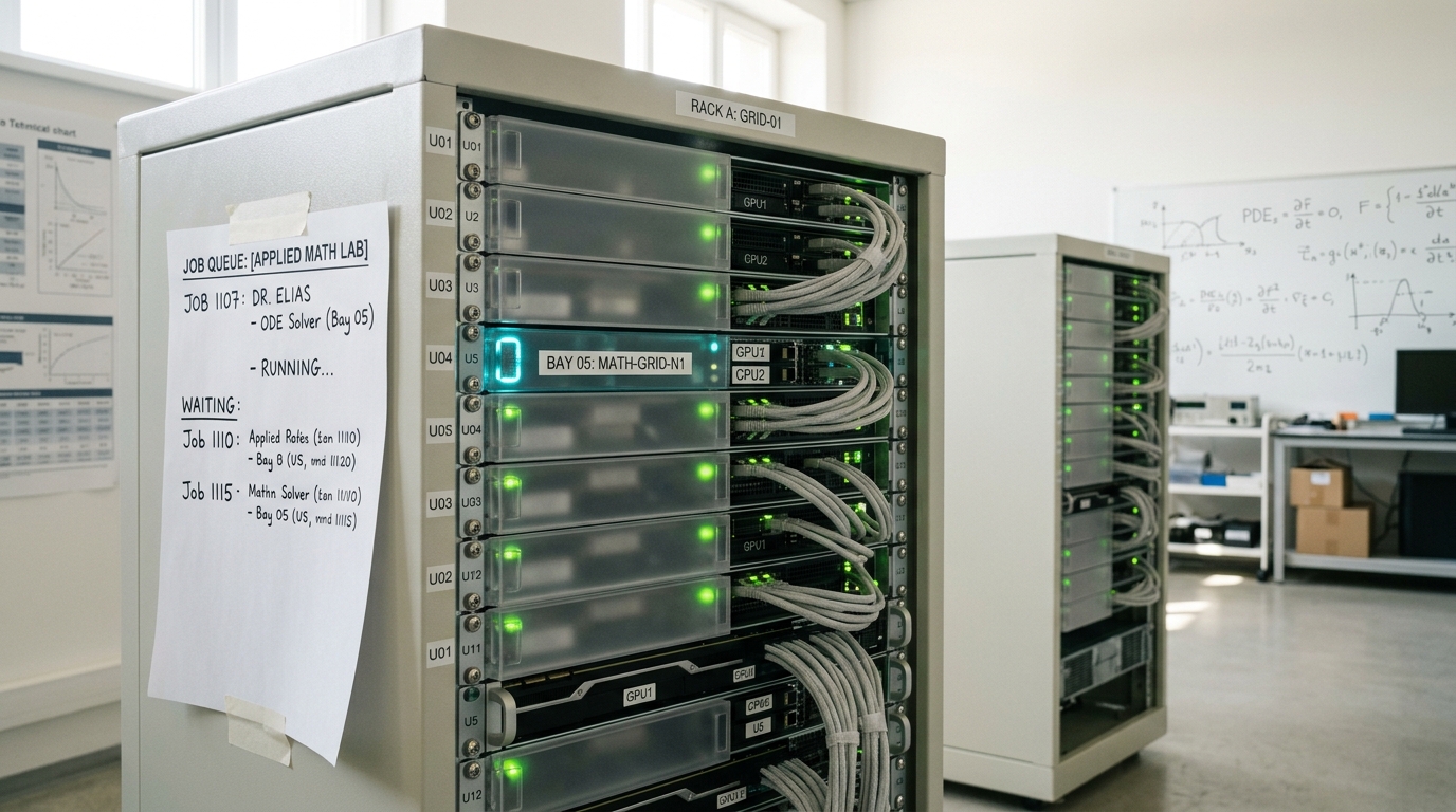 A small on-premises GPU and CPU rack mid-run, one drive bay light still blinking while the rest have settled, a printed job queue taped to the rack door.