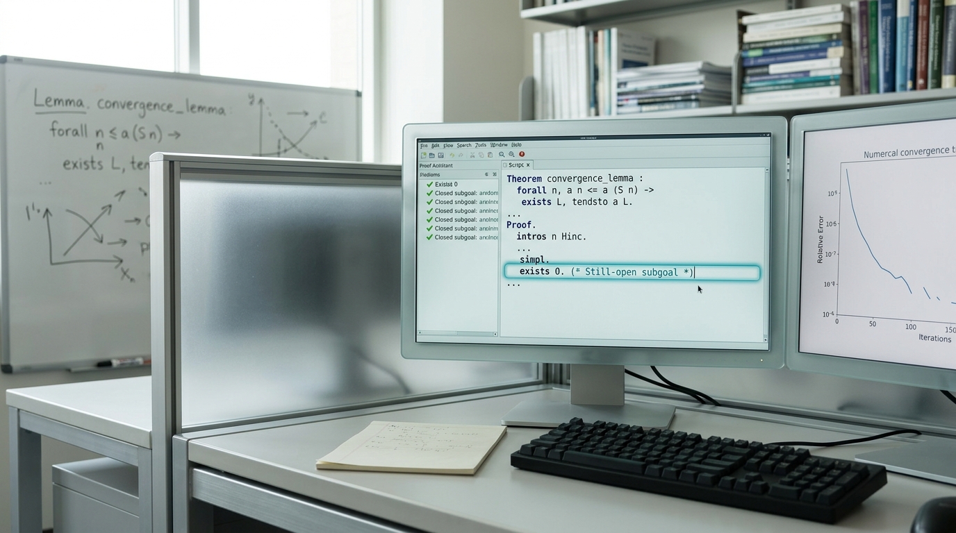 A researcher's multi-monitor workstation mid-session, a Lean proof script partly checked with one goal still open, a whiteboard with an unfinished lemma sketch behind it.