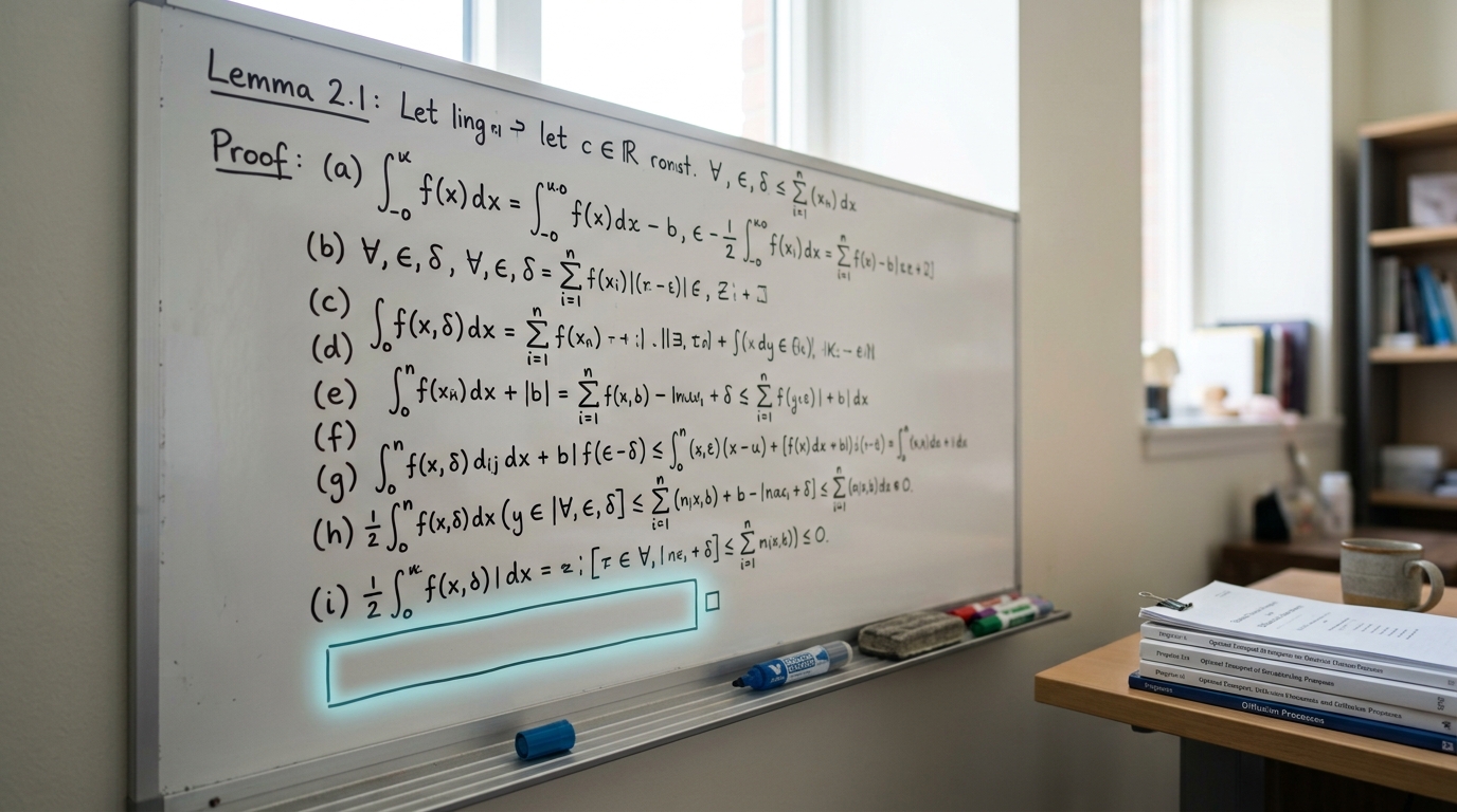 A whiteboard mid-derivation, most of a lemma's argument written out in marker with the final inequality line still unwritten, marker cap off and resting on the tray.