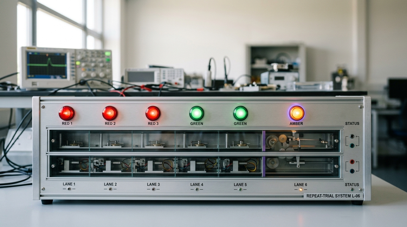 A repeat-trial rack running one task across six parallel lanes, five lanes latched green or red and the sixth lane's indicator still cycling amber