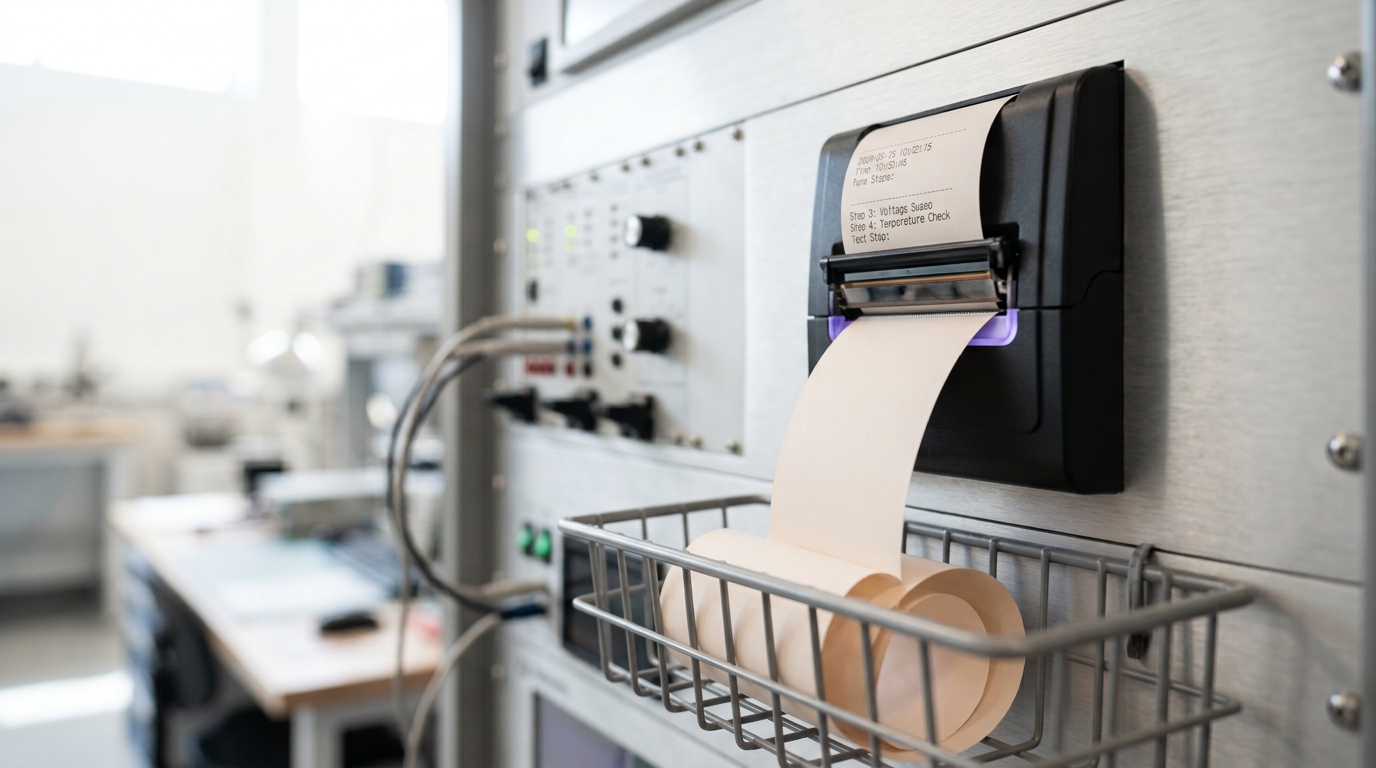 A data-logging rack with a thermal transcript printer mid-print, a run's timestamp already visible on the curling paper but the final verdict line not yet printed