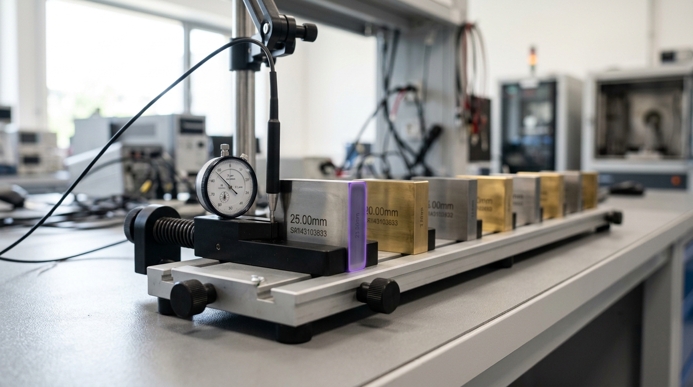 A calibration bench with a rig's sensor lead pressed against a brass gauge block that is only half seated in its holding jig, the null reading not yet settled
