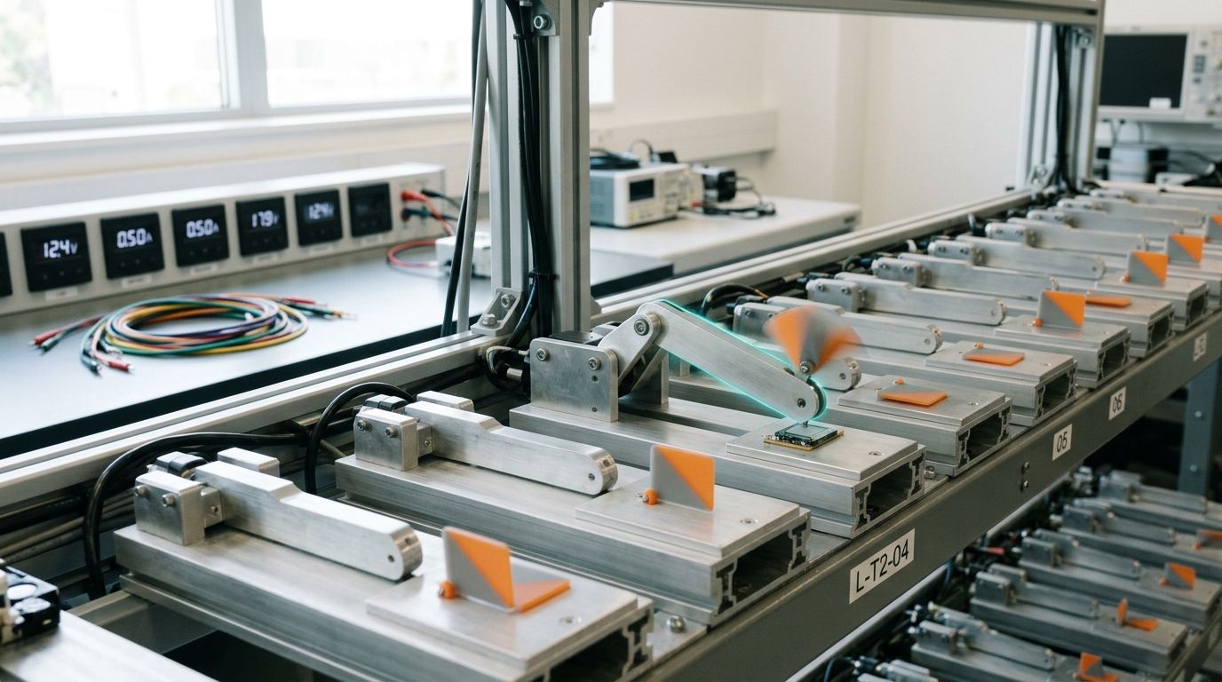 A life-test rack of identical fixture channels running the same trial in parallel, most channels at rest with their indicator flags settled while one actuator arm is caught mid-stroke and its flag mid-flip
