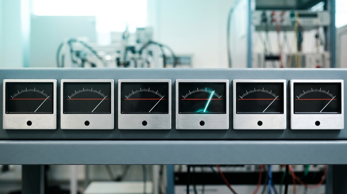 A bench of blank-faced moving-coil meters in a row, most needles already resting past a threshold tick mark while one needle is caught mid-swing just short of it