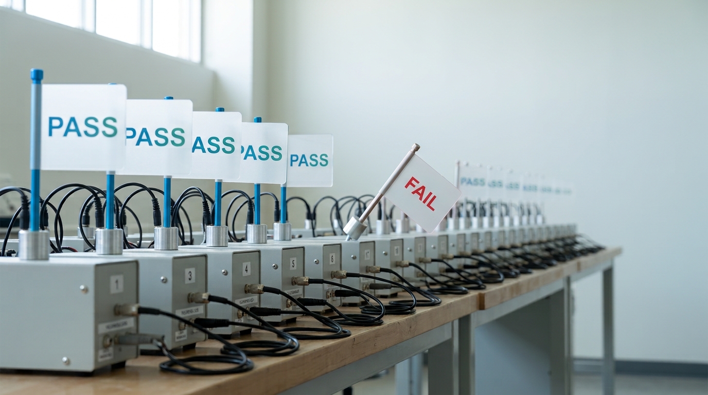A long line of identical test stations wired one after another down a bench, the near stations all flagged pass while a station further down the line is caught with its flag toppling from pass toward fail