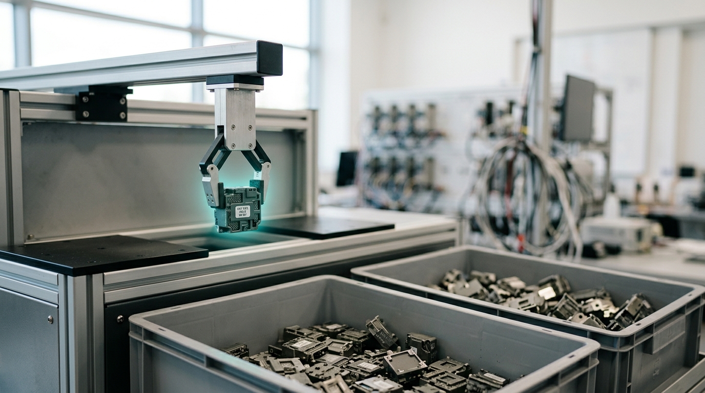 A sorting fixture over two collection bins with most tested units already dropped into one bin or the other, while one unit is still held in the gripper arm suspended above the gap between them