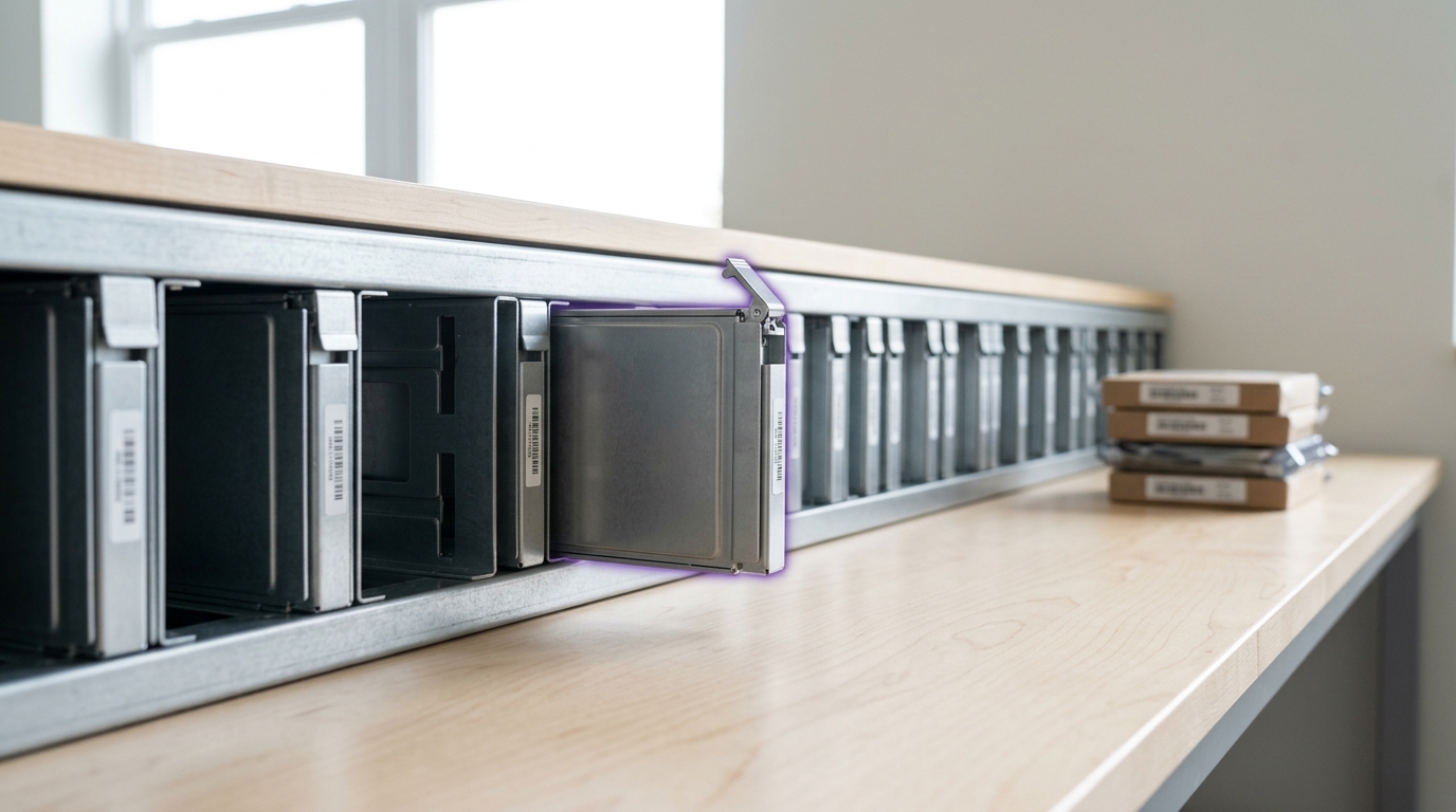 A data-intake bench with a row of drive caddies from the work carrels, most already racked, one caught half-seated in its bay, a stack of unopened caddies still waiting at the end of the bench