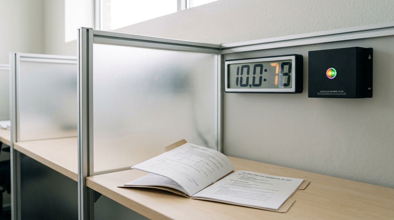 A partitioned work carrel with a wall-mounted digital chronometer caught mid-count and a small rack-mounted capture recorder beside it, one status light mid-switch from amber to green