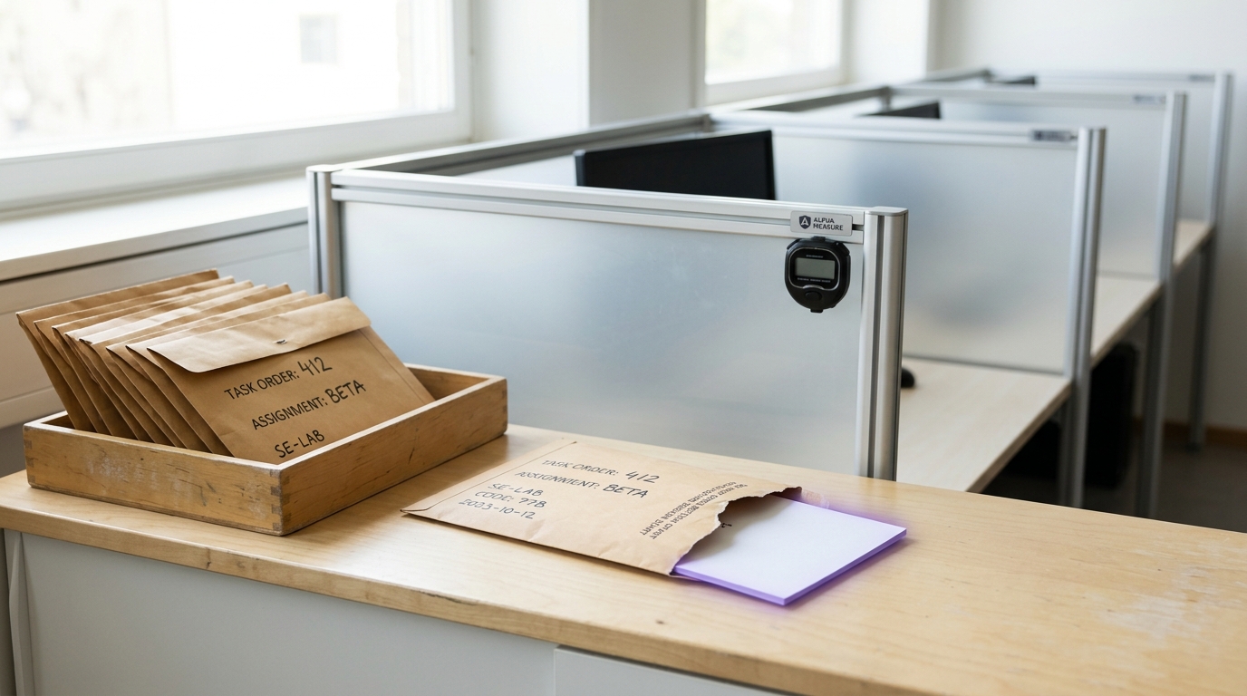 A tray of sealed kraft task-order envelopes on a pale counter with one envelope torn open and its assignment card half-drawn, rows of partitioned work carrels receding beyond under warm daylight