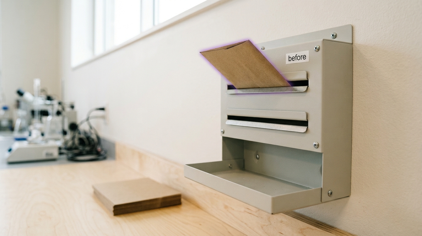 A wall-mounted two-slot card unit in the measurement lab, a sealed "before" prediction card half-posted into its upper slot while the lower collection tray sits empty