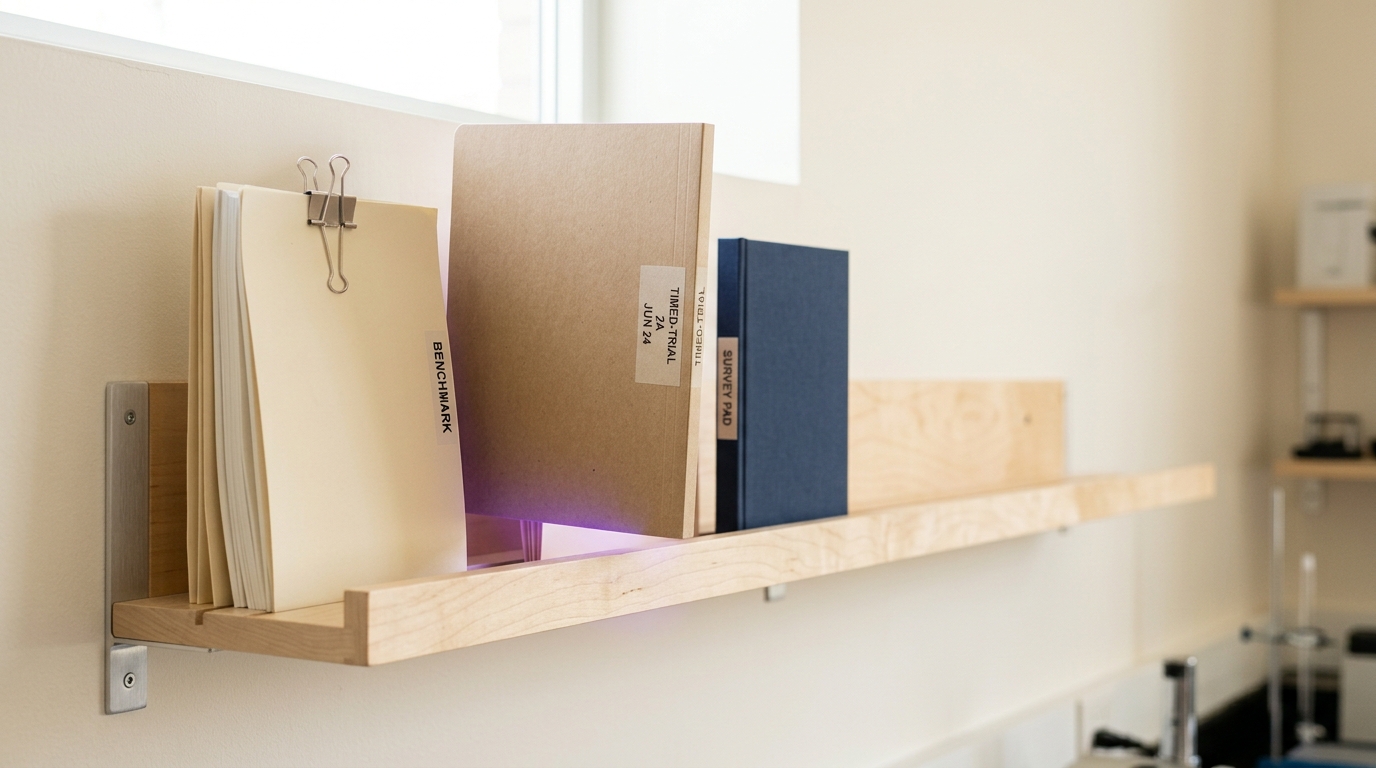 A shelf holding three distinct labelled task-packet sets side by side — a benchmark packet, a timed-trial packet, and a survey pad — with one lifted just clear of its slot