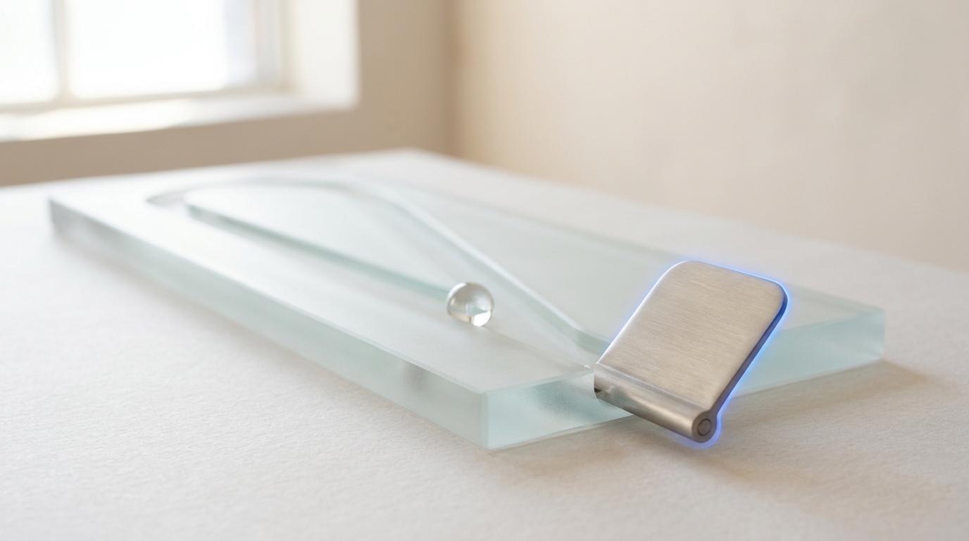 A write-protected offline drive half out of its anti-static bag on a bench, its tamper seal peeled back part-way and still curling, the write-protect switch on the drive's flank still standing in the protected position