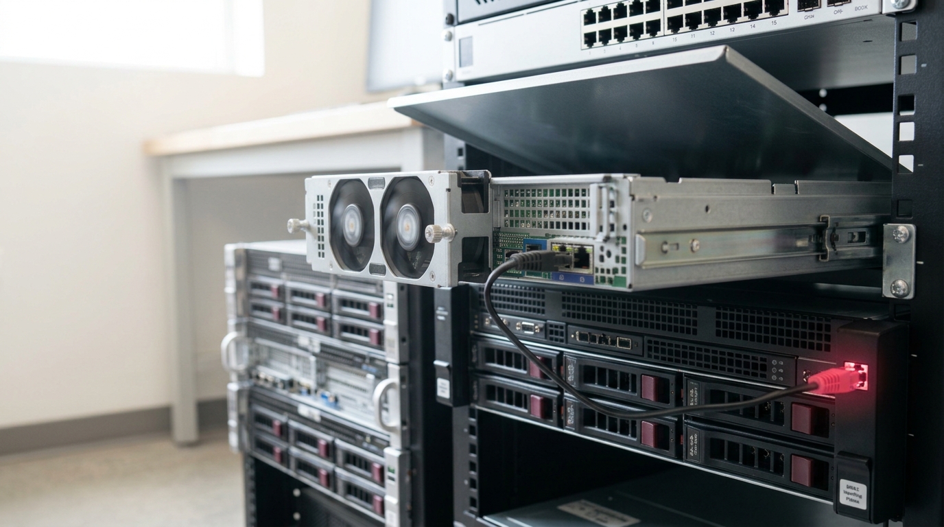 An eval worker node slid part-way out of the rack on its rails with its fan tray half-withdrawn, one network lead still plugged into its back and drawn taut across the faces of the nodes below