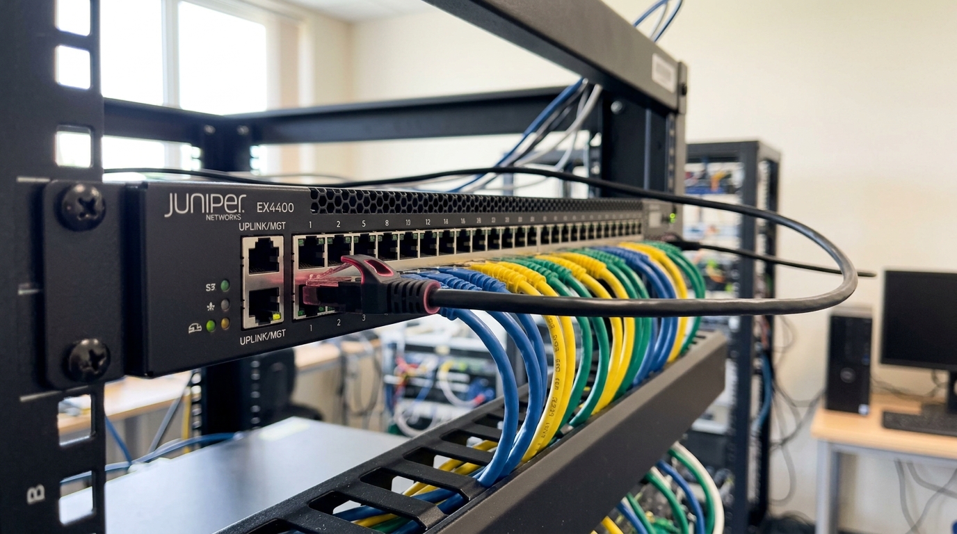 A rack-mounted network switch with most of its port row already patched, one uplink lead caught half-inserted in an end port and its cable running away from the rack toward a separate offline workstation at the frame edge