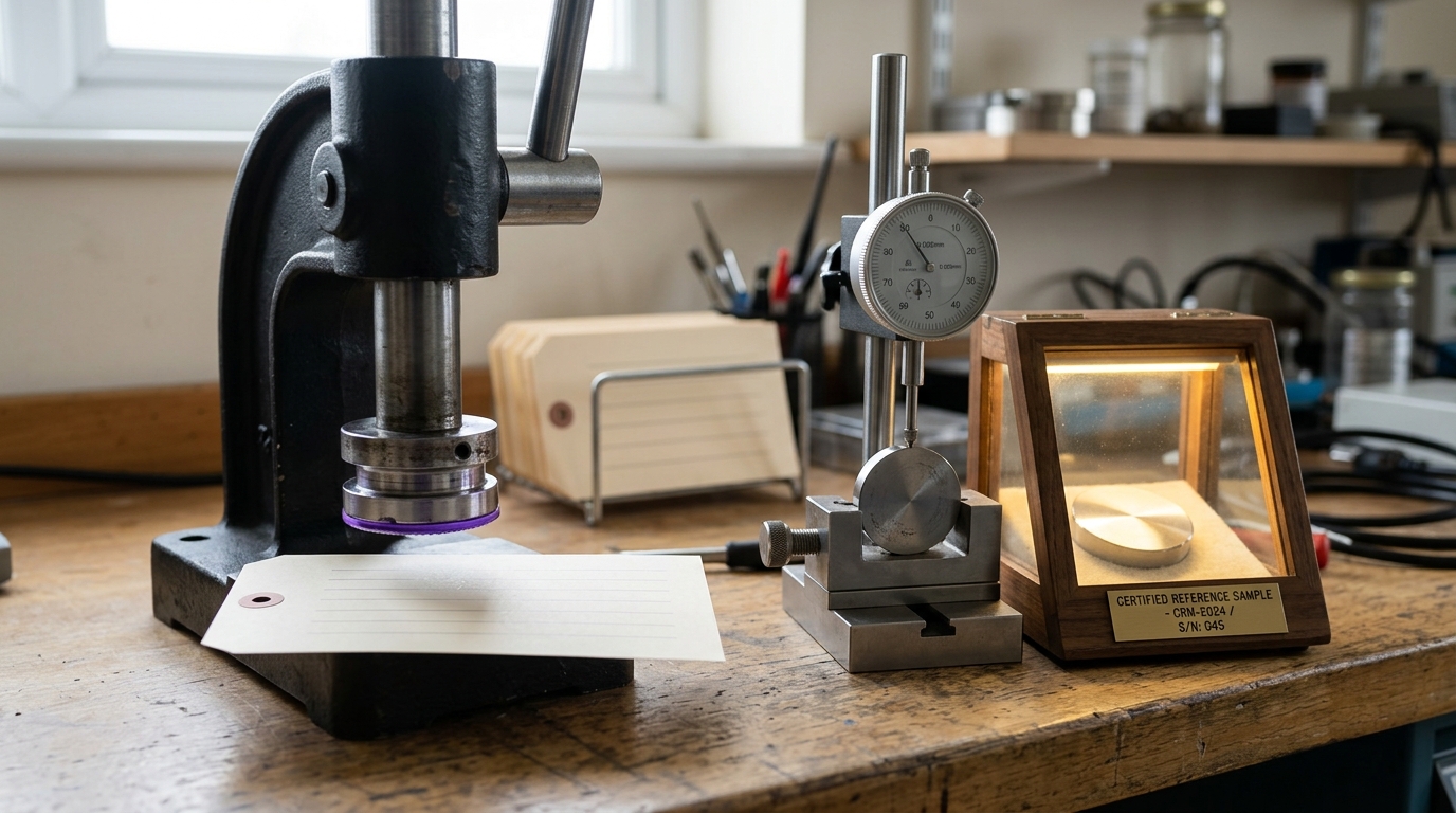 A scoring bench where a clamped challenge specimen sits beside a glass-fronted reference case, a mechanical stamp press caught mid-descent above a blank reject tag
