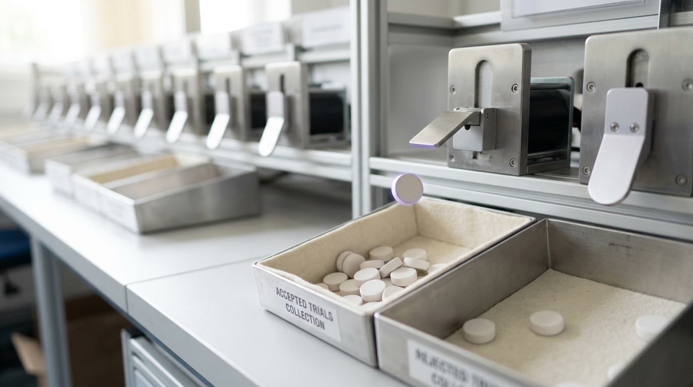 A solenoid sorting gate above two collection bins with one trial puck caught in mid-air between an accept tray and a reject tray, the release paddle still swinging